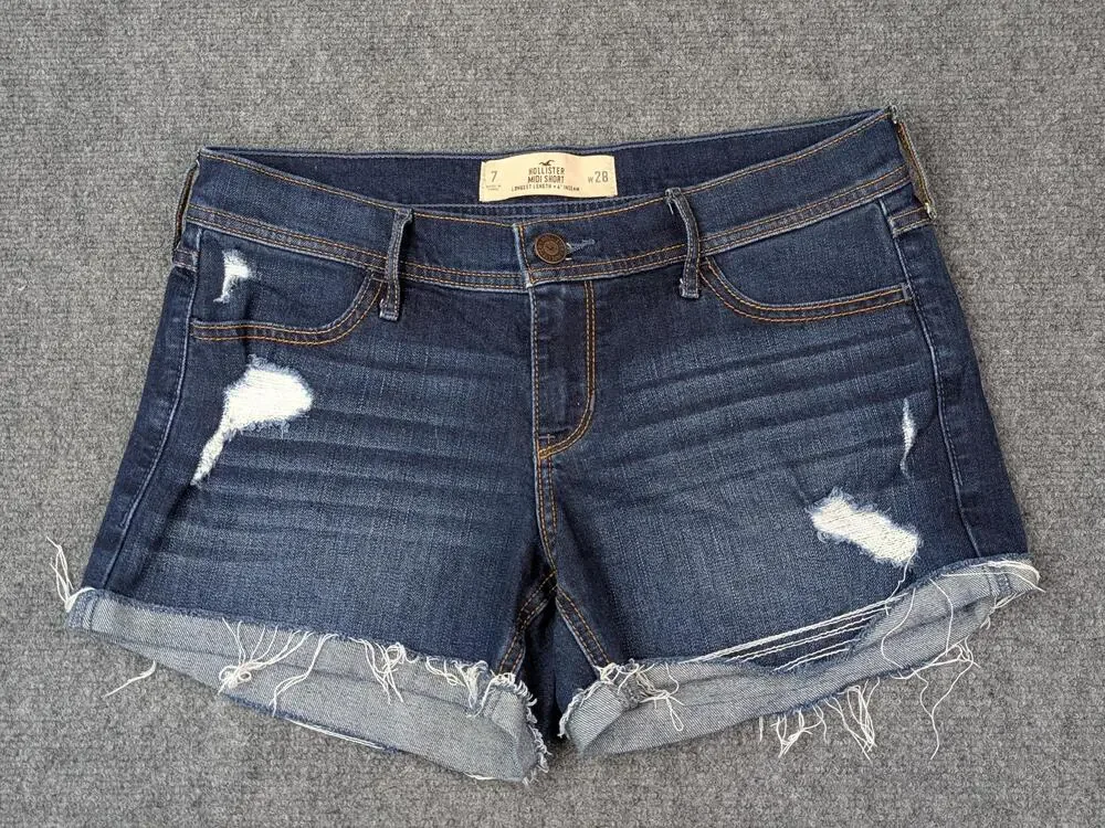 Hollister Shorts Womens Juniors 7 W28 Blue Midi Distressed Frayed Cutoff Denim